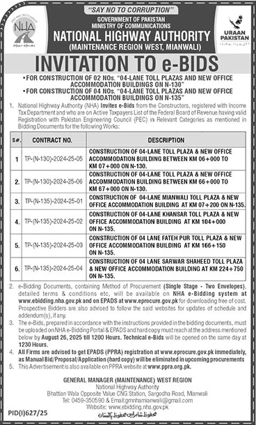 National Highway Authority Mianwali Tender Notice